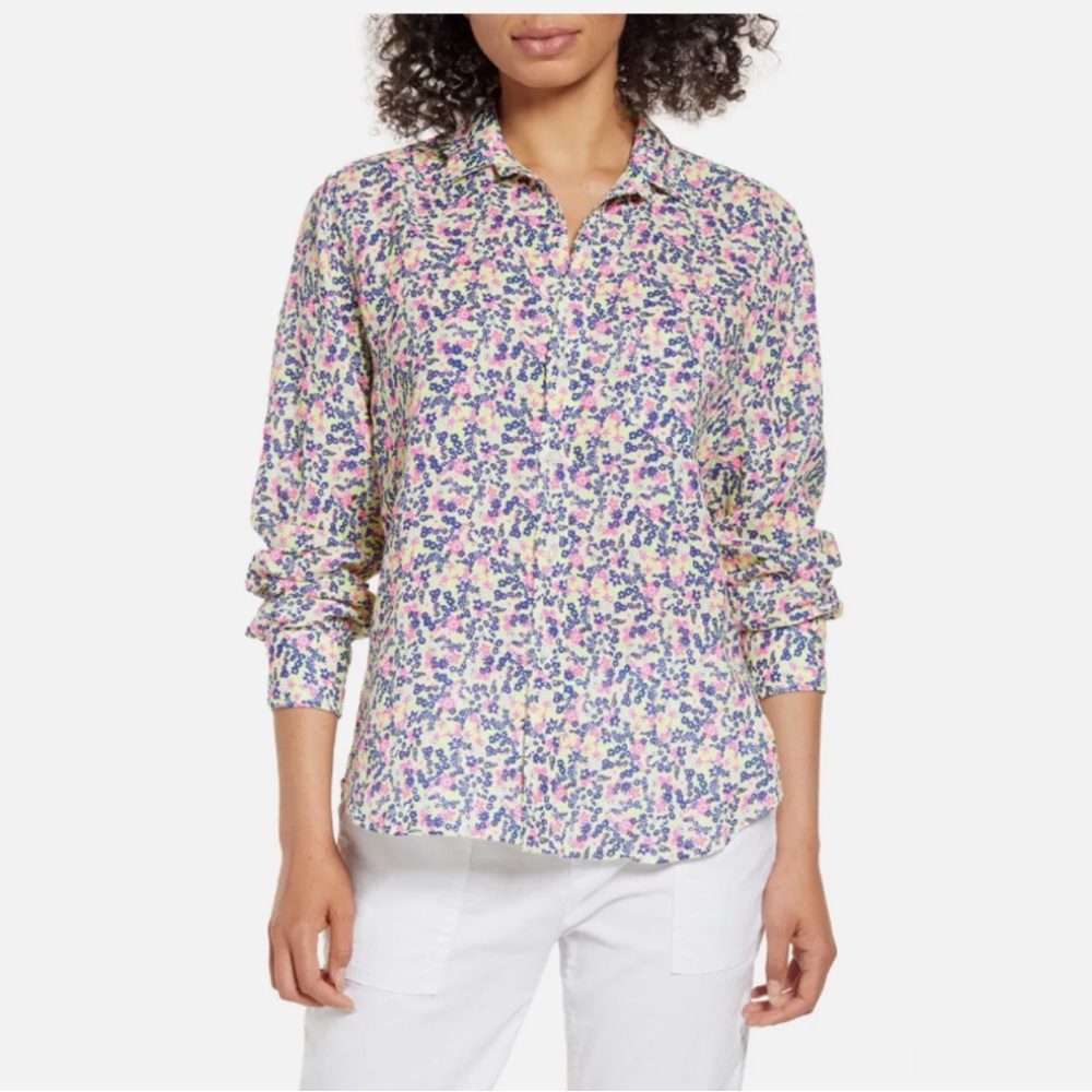 Frank & Eileen Linen Button Down Shirt. Neon Floral New